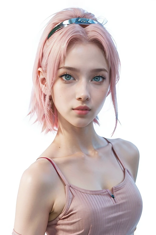 young woman, short shoulder-length pink hair, wide forehead, porcelain skin, pink eyebrows, big emerald green eyes, buttoned nose, full lips, heart-shaped face, slender body, small breasts, red tank top, Sakura Haruno , realistic, realism, details, 3d, well detailed

