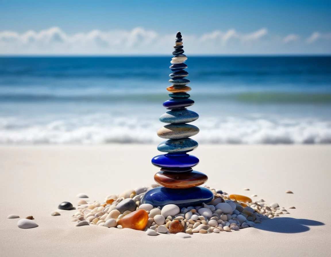 Close-up shot capturing a meticulous tower of pebbles, composed of vibrant minerals and agates, topped with a striking indigo agate, set against the white sand backdrop of a pristine beach, a single wave with foamy crest and radiant sunlight creating sharp, contrasting shadows, octane rendering, 35awards nominee, unusual beauty, cinematic. 32k, ultra-clear, digital render, High Resolution, High Quality, Masterpiece