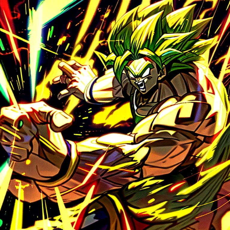 Legendary super saiyan Broly, charging up aggressively, yelling,