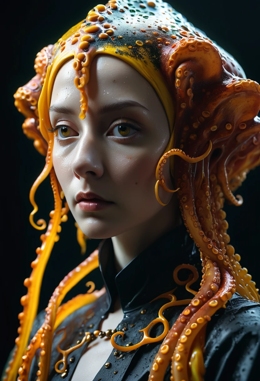 8K, ARTISTIC photogrAphy, best quAlity, mAsterpiece: 1.2), A (potrAit:1.2) witch BLOOD Toon Doll Cthulhu nun QUEEN, ORANGE many octopus style tentacles, full body RAW candid cinema, yellow hair, 16mm, color graded portra 400 film, remarkable color, ultra realistic, sad admosphere, dark lighting, oppressive atmosphere, depressive colors, kodak portra 400, photograph,r, Natural Light, Pinhead lighgts, blur reflection, Brush Strokes, Smooth, abstract, Splatter, Oil On Canvas, rainbow colors, fractal isometrics details bioluminescens : a stunning realistic photograph of wet bone structure, 3d render, octane render, intricately detailed, titanium decorative headdress, cinematic, trending on artstation | Isometric | Centered