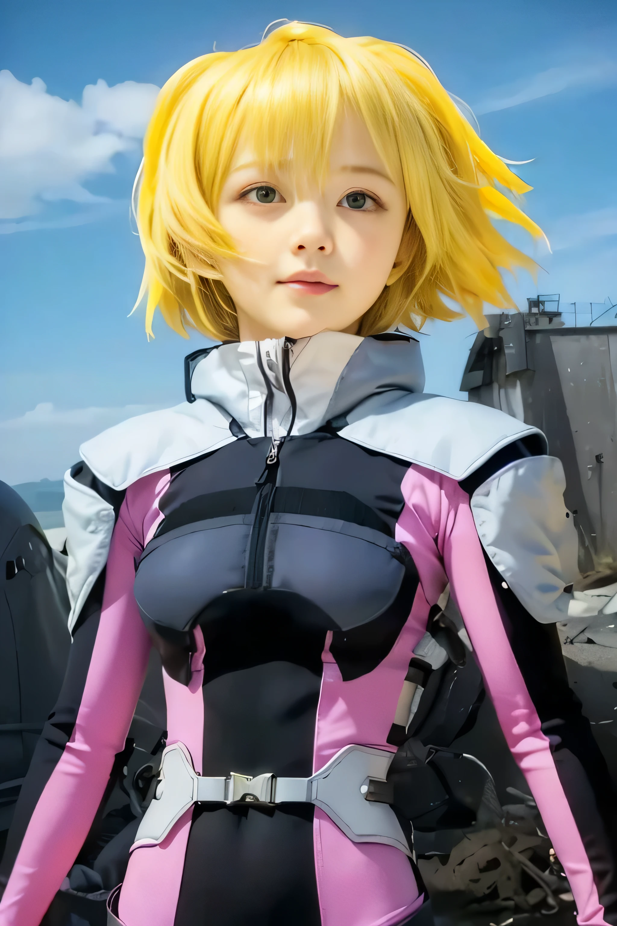 masterpiece, best quality, (realistic,photo-realistic:1.4), (RAW photo:1.2), extremely detailed CG unity 8k wallpaper, delicate and beautiful, amazing,finely detail, official art, absurdres, incredibly absurdres, huge filesize, ultra-detailed,extremely detailed eyes and face,light on face,saber,(little smile),sakura haruno,(blonde hair:1.4),(short hair:1.6),(wearing pilot suit:1.5),ruin background,magenta eyes