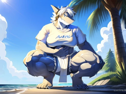 hi res,(((shark, finless shark))), (((not furry))), anthro, ((((((hair(head))))))), aqua blue eyes, ((((((( rokushaku fundoshi, ))))))), (((( female, anthro, female, slightly chubby)))), female, anthro, female, slim, Skinny, tail, adults, mature, (((SFW))), ((((((((solo)))))))), (((((((((((((female))))))))))))), ((((((crouching)))))), arms behind back, outside, plant, light blue body, sea, tree, (water), detailed background,by milkytiger1145,by takemoto arashi,by null-ghost, cold atmosphere, open smile, soft blue blush, single fin, ((((((((wearing white tshirts, clop tshirts)))))))), ((((((muscular thighs, thick thighs, thick calves, wide hips, wide pelvis, curvy figure, volu\ptu\ous figure, both feet are close together., \hourglass \figure,, female body)))))), Front view