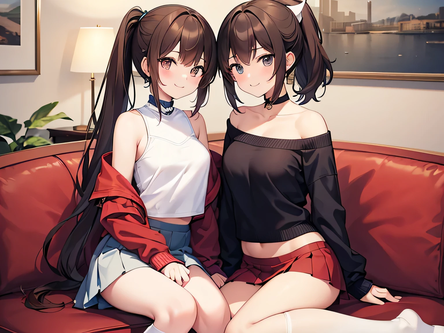 (Masterpiece, top quality, high resolution, realistic photo, realistic looking skin:1.1),
(Two women are sitting on a sofa in an apartment living room:1.8),
(The women have provocative, grinning, smiling expressions:1.5),
(The first woman is 23 years old, mature looking, dressed in a white long-sleeved off-the-shoulder knit and red mini-skirt, wearing white high socks, with medium brown hair:1.8),
(The second female is an 18-year-old high school student wearing a high blazer and mini-skirt attire with navy blue high socks and black hair in a medium ponytail:1.8),
(Located on a sofa in the living room of an apartment:1.5),
Full-bodied esbian, beautiful eyes, glowing eyes, glowing thighs, NSFW.