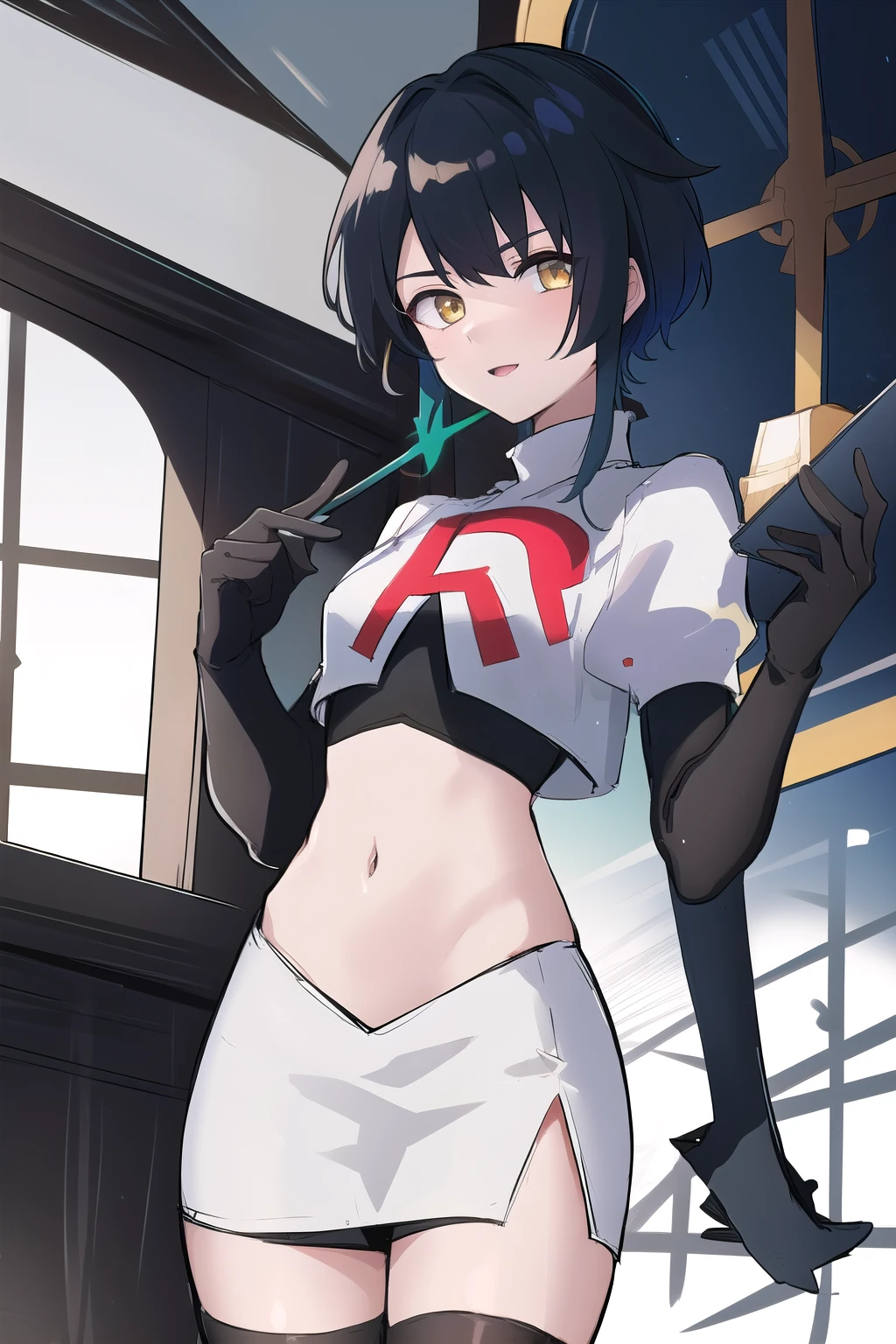 masterpiece, absurdres,genshin impact, Genshin Impact, game character, video game, (xingqiu),yellow eyes, short blue hair,male focus, trap, crossdressing,1boy,team rocket,team rocket uniform,white skirt,red letter R,crop top,black thigh-highs,black elbow gloves