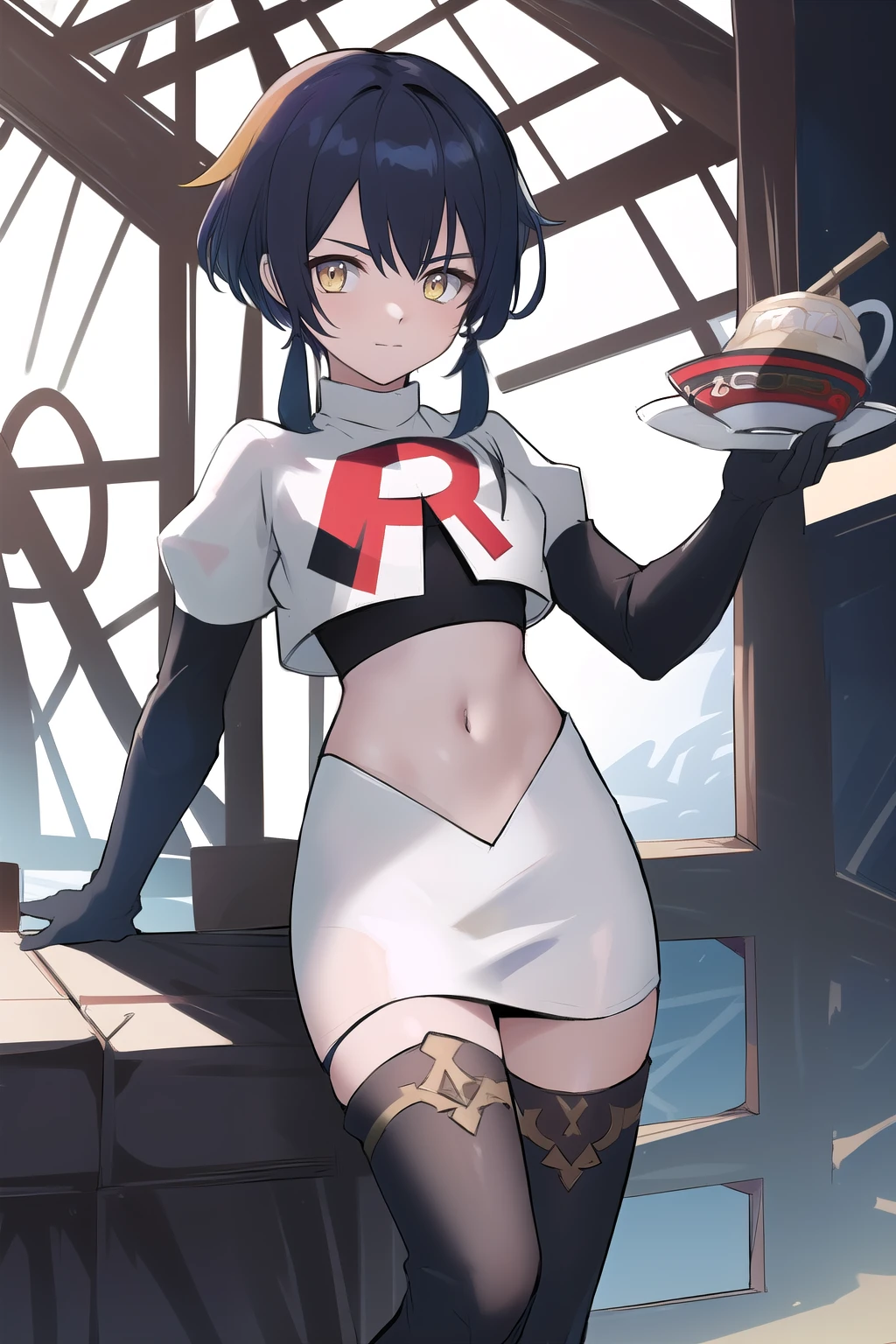 masterpiece, absurdres,genshin impact, Genshin Impact, game character, video game, (xingqiu),yellow eyes, short blue hair,male focus, trap, crossdressing,1boy,team rocket,team rocket uniform,white skirt,red letter R,crop top,black thigh-highs,black elbow gloves