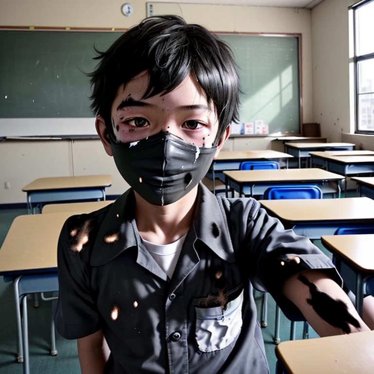 Caught in an explosion in the classroom、Covered in soot、Selfie taken by elementary school boys