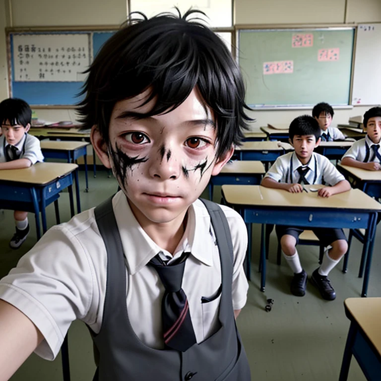 Caught in an explosion in the classroom、Covered in soot、Selfie taken by elementary school boys
