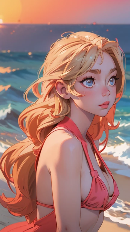 A captivating blonde woman, lost in contemplation as she takes in the breathtaking sunset horizon at the beach, her features skillfully rendered in the anime style with a remarkable sense of realism.