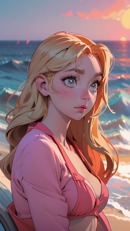 A captivating blonde woman, lost in contemplation as she takes in the breathtaking sunset horizon at the beach, her features skillfully rendered in the anime style with a remarkable sense of realism.