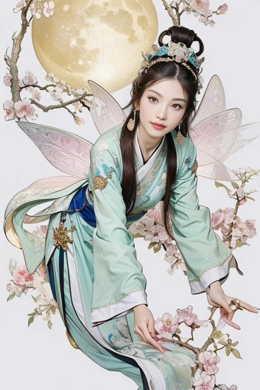 (masterpiece, top quality, best quality, official art, Pretty and beautiful face:1.2), (1 Chinese Goddess,Chang'e fairy:1.5), Very detailed,(Dunhuang art:1.1),(Dunhuang is colorful:1.1)(Flowers:1.3),Most detailed,(Chinese painting:1.2), (Dynamic flight attitude,Foot on the white clouds), (Tiangong, White clouds and bright moon background:1.3), (Chinese Hanfu Embroidery Fabric:1.2), (Glowing skin), (Many colors:1.4), ,(earrings:1.4),