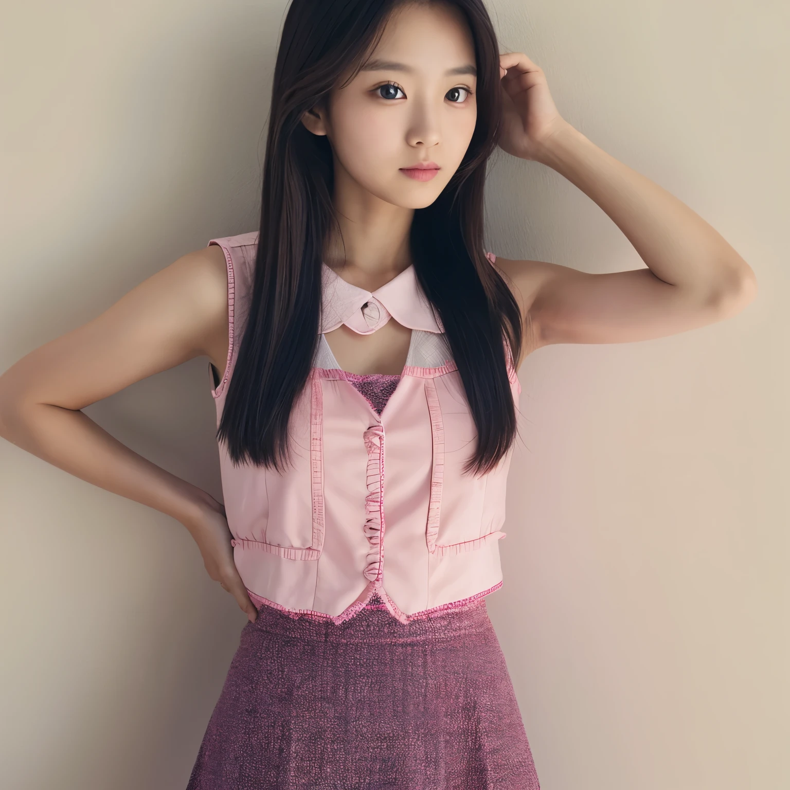(masterpiece, highest quality:1.2), One girl, alone,Are standing_Split, 
Karen, Long Hair，Black sleeveless short vest，Pink Skirt，Skin color