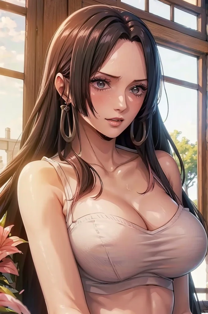 (((masterpiece))), (((best quality))), ((ultra-detailed)), (highly detailed CG illustration), Boa Hancock, (masterpiece:1.5), Detailed Photo, Sexy, (Best Quality: 1.4), (1girl), Beautiful Face, (Black Hair, long Hair: 1.3), Beautiful Hairstyle, beautiful detail eyes, (realistic skin), beautiful skin, absurd, attractive, ultra high resolution, high definition, (sexually aroused:1.5), Pinkish white skin, cool white light, sexy pose, Beautiful , white background, pink soft white light, Wear a white tank top, (sexy pinkarmpit:1.5)