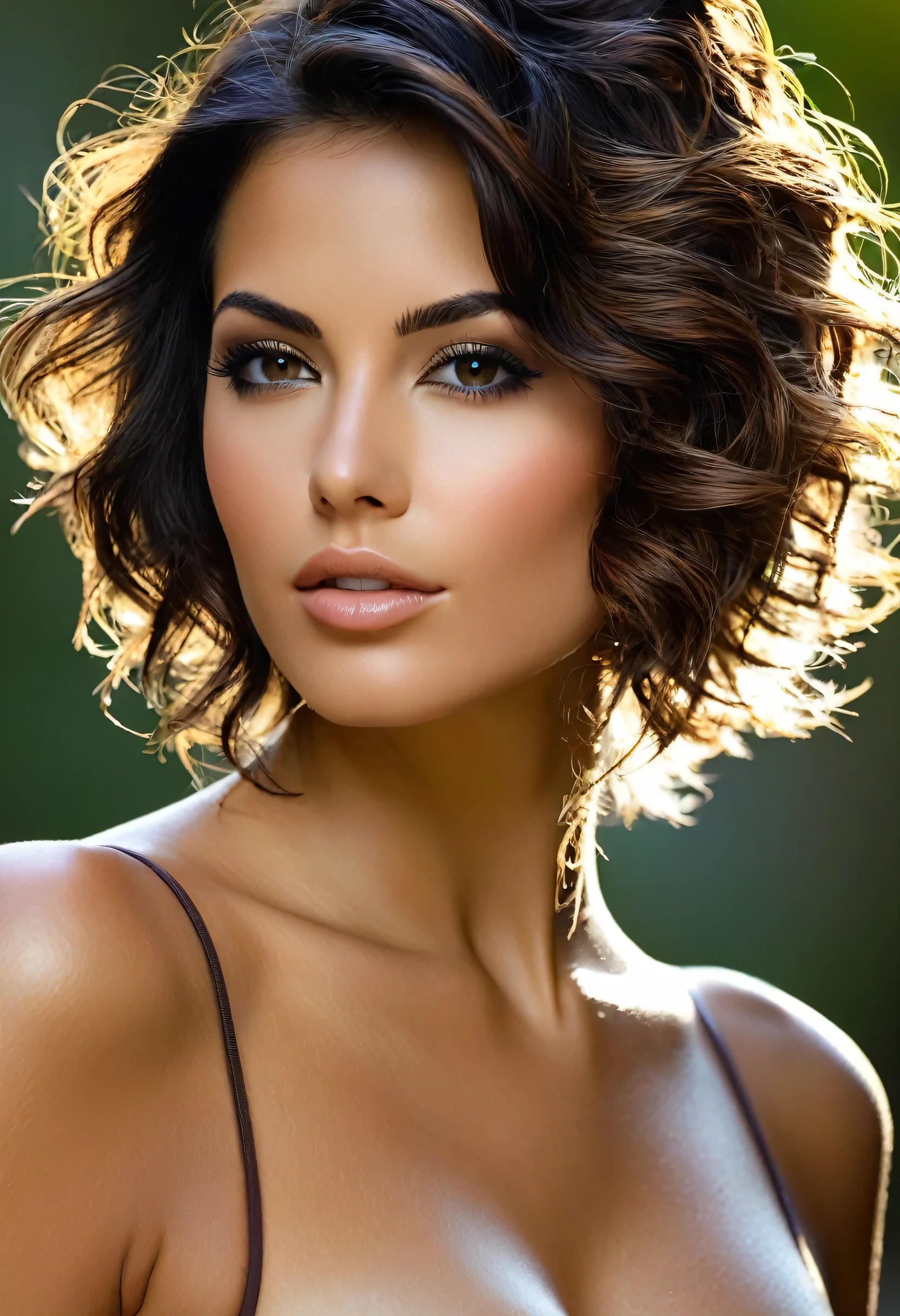 Genera una imagen de una mujer joven y hermosa con cabello corto y despeinado, de cuerpo entero y con una actitud sexy. Su rostro refleja confianza y sensualidad. Sus curvas son suaves y atractivas, destacando su feminidad. The lighting highlights his features and lightly tanned skin.. Esta imagen debe ser adecuada como modelo para tatuajes en varias partes del cuerpo, mostrando su belleza y estilo de una manera sugerente y provocativa