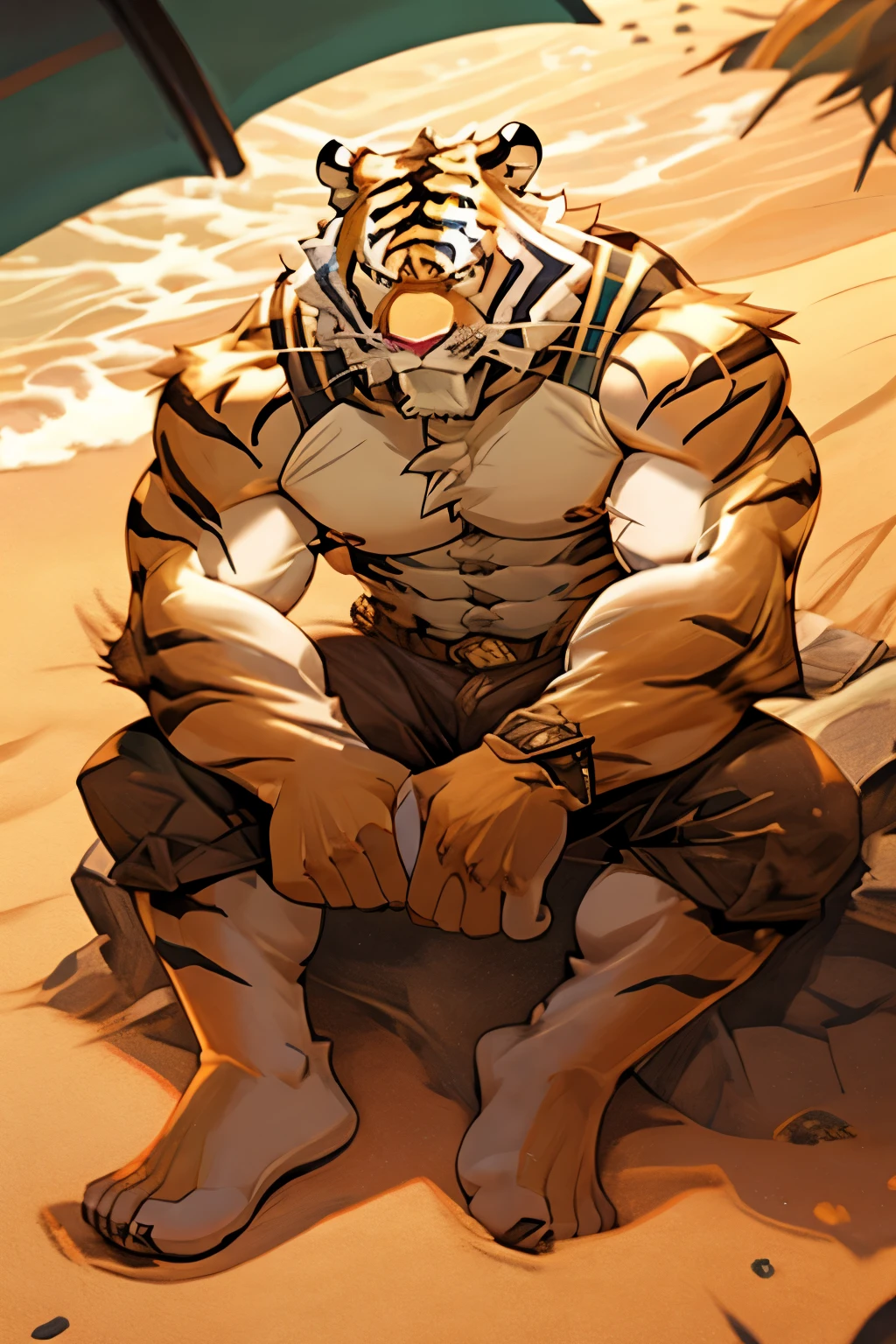 there is a cartoon of a man sitting on a rock by the water, muscular tiger man, high resolution commission, tiger man, SFW version, muscular gigachad, on the beach, angry, high morals, sexy, tiger man, on the beach, hairy chest, tiger, muscular!!, sitting on the beach, bara