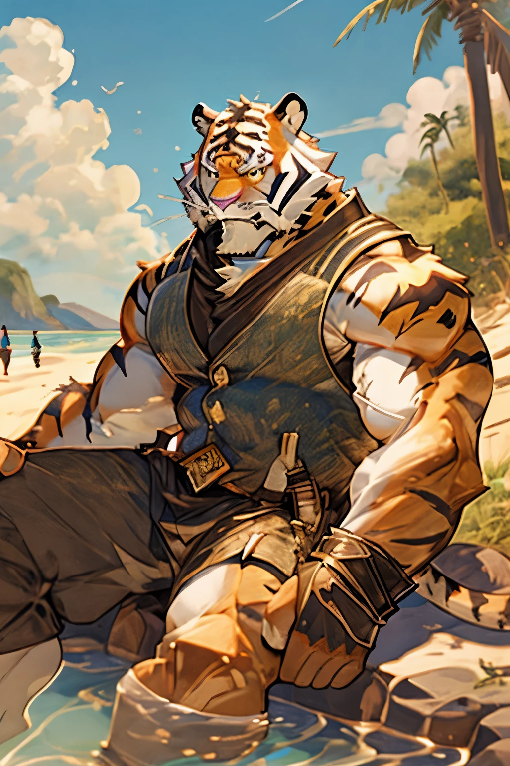 there is a cartoon of a man sitting on a rock by the water, muscular tiger man, high resolution commission, tiger man, SFW version, muscular gigachad, on the beach, angry, high morals, sexy, tiger man, on the beach, hairy chest, tiger, muscular!!, sitting on the beach, bara