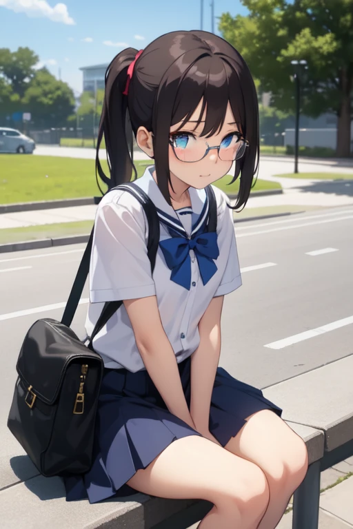 one of the anime girls with glasses, blue eye, 150cm tall, brown pony tail hair, school outfit, closed, staring, teenager, sitting alone in park, shy, introvert