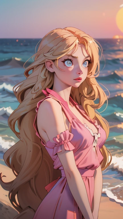 A captivating blonde woman, lost in contemplation as she takes in the breathtaking sunset horizon at the beach, her features skillfully rendered in the anime style with a remarkable sense of realism and lifelike detail. Her long, wavy blonde hair cascades down her shoulders, catching the golden rays of the setting sun. Her eyes, bright and expressive, are fixed on the horizon, reflecting the colors of the sky. Her lips, parted in awe, are painted with a subtle shade of pink. Her outfit, simple and elegant, consists of a flowing sundress that billows in the gentle sea breeze. Her posture is relaxed and serene, adding to the tr