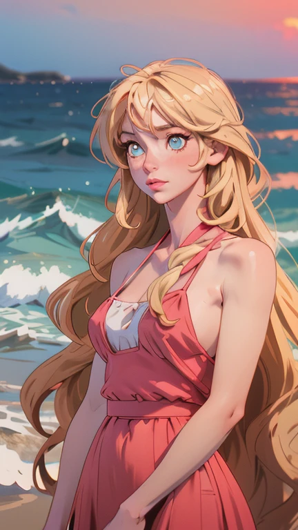 A captivating blonde woman, lost in contemplation as she takes in the breathtaking sunset horizon at the beach, her features skillfully rendered in the anime style with a remarkable sense of realism and lifelike detail. Her long, wavy blonde hair cascades down her shoulders, catching the golden rays of the setting sun. Her eyes, bright and expressive, are fixed on the horizon, reflecting the colors of the sky. Her lips, parted in awe, are painted with a subtle shade of pink. Her outfit, simple and elegant, consists of a flowing sundress that billows in the gentle sea breeze. Her posture is relaxed and serene, adding to the tr