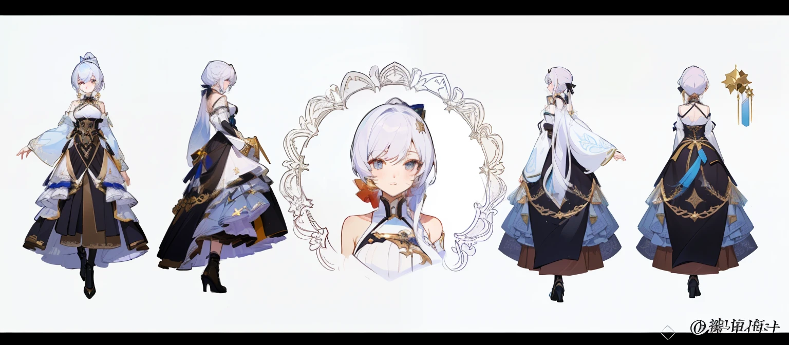 ((Masterpiece, Highest quality)), Detailed face, honkai star rail character, character sheets, full bodyesbian, elegant design, long skirt with layers, garter, white blouse with gold accents, Full of details, Highly detailed, Depth, Many parts, 1 character, anime character design of a woman with a long low ponytail tied in a ribbon, clear outfit design, outfit design, [ character design ], character adoptable, official character illustration, full body adoptable, full body character design, ( ( character concept art ) ), ornate attire, pretty anime character design, great character design, pretty anime character design, ( ( character concept art ) )