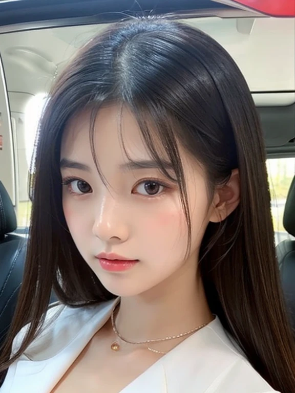 young woman with slender face, The eyes are double-layered and the corners of the eyes are slightly raised., High nose, plump lips, There are slight cheeks., Big breasts wearing sexy clothes