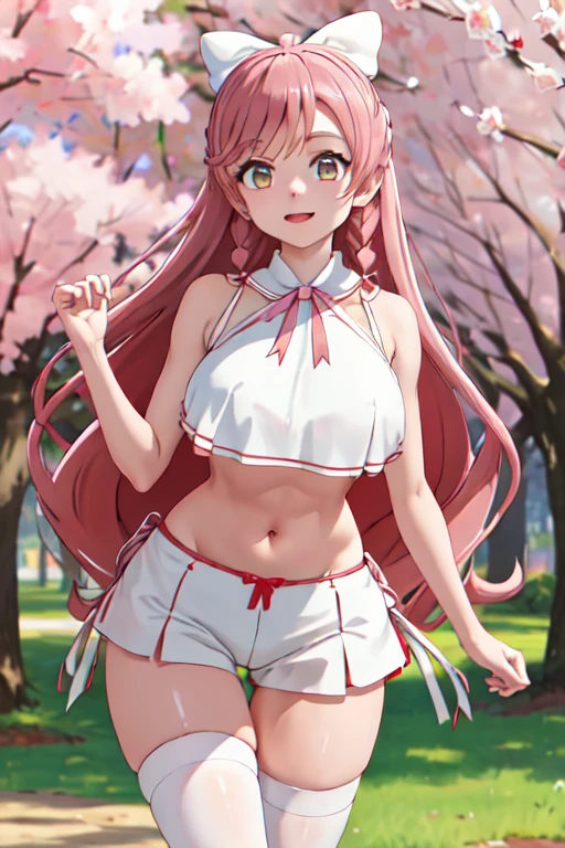 masterpiece, best quality, highres, hairband, long hair, 1girl, solo, white thighhighs,red ribbon, neck ribbon, White Bikini,hot pants, big breasts, standing, cowboy shot, leaning forward, outdoors, cherry blossoms,Belly button、No socks、Thighs