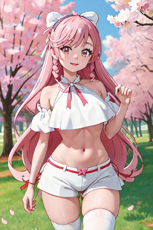 masterpiece, best quality, highres, hairband, long hair, 1girl, solo, white thighhighs,red ribbon, neck ribbon, White Bikini,hot pants, big breasts:1.4, standing, cowboy shot, leaning forward, outdoors, cherry blossoms,Belly button、No socks、Thighs