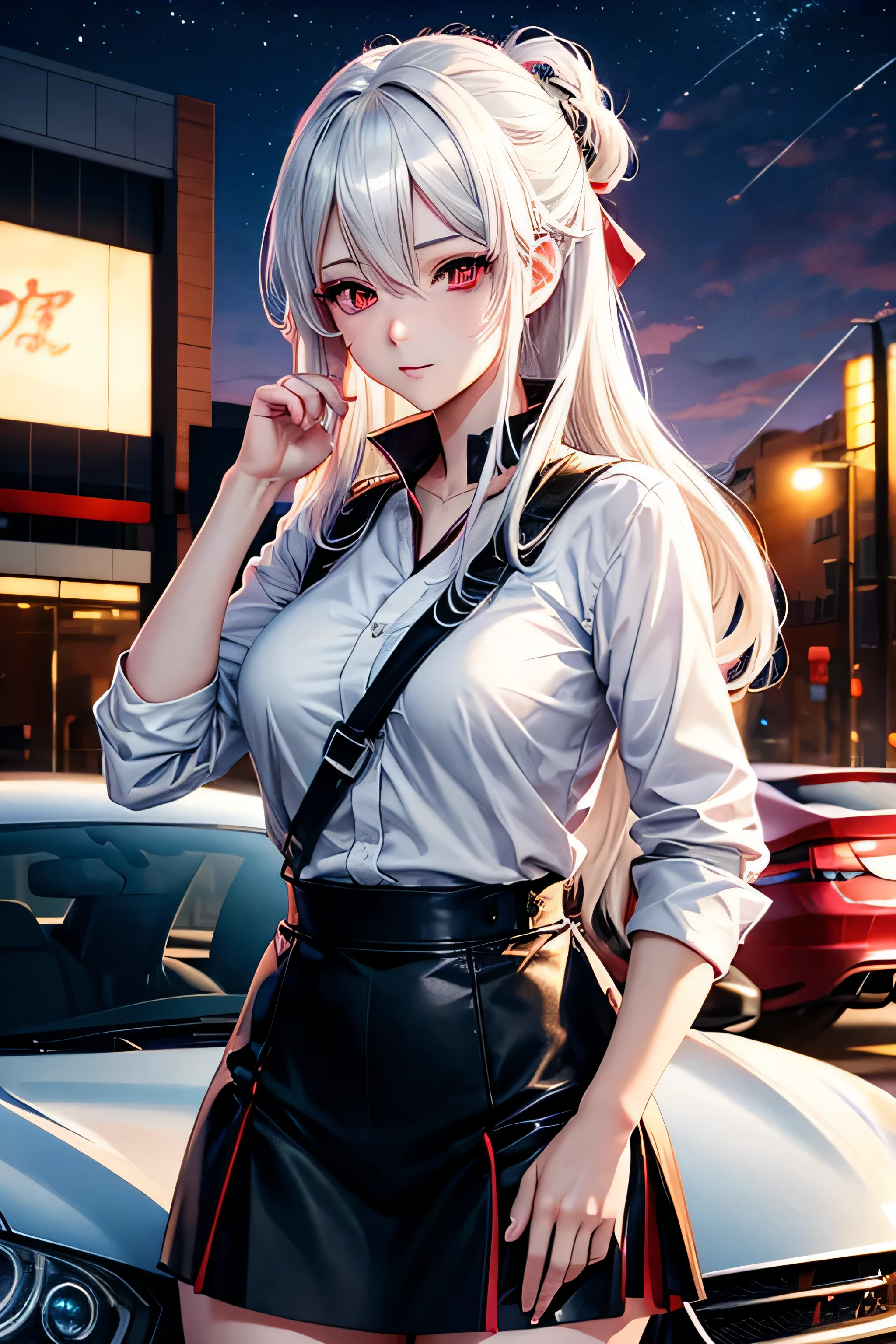 anime girl going driving a car a hyperrealistic , realistic , anime girl has white hair and red eyes, beautiful anime girl, [ 4 k digital art ], kantai collection style, female protagonist 👀 :8, guweiz, kawacy, smooth anime cg art, night sky