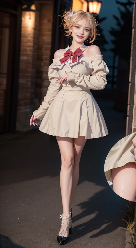 cyb dress, long sleeves, puffy long sleeves, bow,pink dress, ((Bare shoulders)), ((Full breasts)), ((The skirt is short)), ((Sexy legs)), ((whole body)), Practical, Fashion girl, Red lips, Mature women, Exquisite makeup, big eyes, beautiful, (best quality, masterpiece:1.2), Ultra Detailed, (Practical:1.37), ((Random scenes, Random shooting angles)), ((Sexy long legs)), Young and energetic, Charming model, (Delicateeyes, Delicate lips), Show a bright smile, Create stunning girl images, warm color, Very high color saturation, Official Art, Extremely detailed CG, Unity 8K Wallpaper, (High Dynamic Range :1.4), (Movie atmosphere),(Soft colors), (Natural skin texture, ultra-Practical, Soft Light, sharp),(Very detailed), night, moonlight