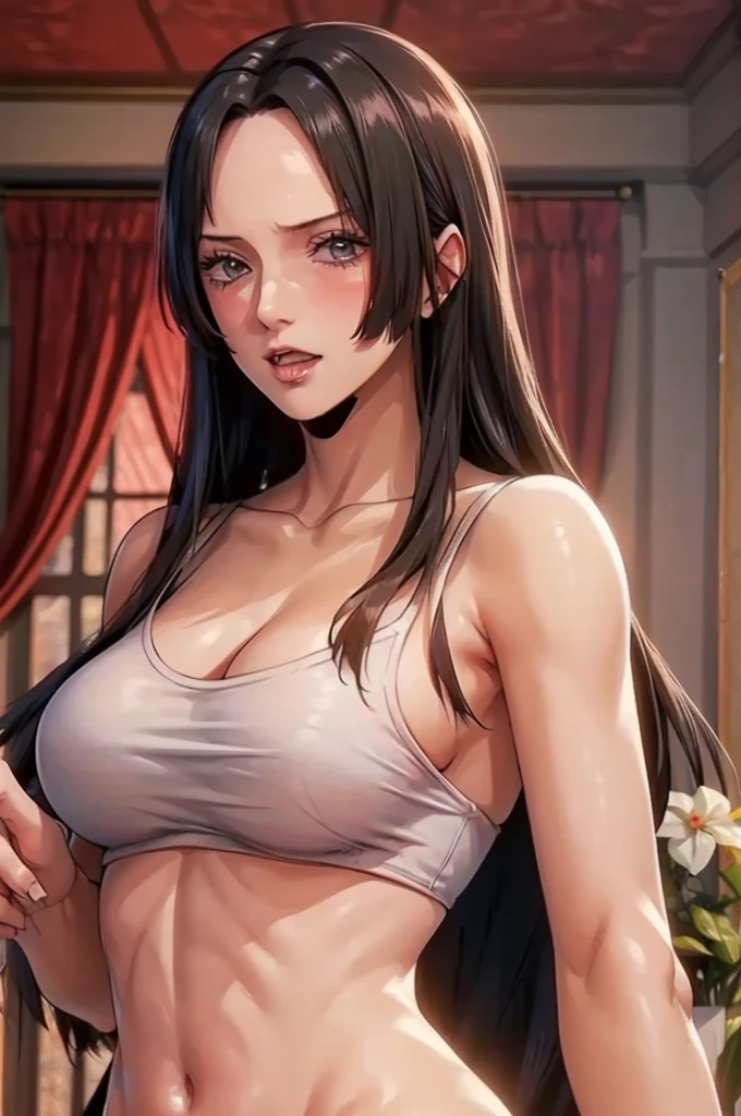(((masterpiece))), (((best quality))), ((ultra-detailed)), (highly detailed CG illustration), Boa Hancock, (masterpiece:1.5), Detailed Photo, Sexy, (Best Quality: 1.4), (1girl), Beautiful Face, (Black Hair, long Hair: 1.3), Beautiful Hairstyle, beautiful detail eyes, (realistic skin), beautiful skin, absurd, attractive, ultra high resolution, high definition, (sexually aroused:1.5), Pinkish white skin, cool white light, sexy pose, Beautiful , white background, pink soft white light, Wear a white tank top,