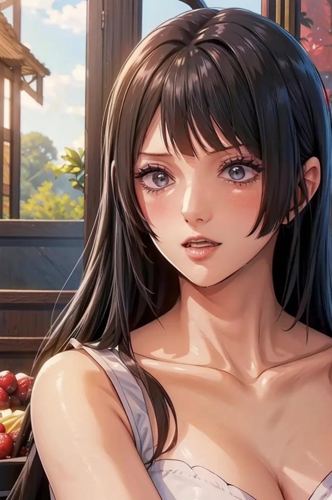 (((masterpiece))), (((best quality))), ((ultra-detailed)), (highly detailed CG illustration), Boa Hancock, (masterpiece:1.5), Detailed Photo, Sexy, (Best Quality: 1.4), (1girl), Beautiful Face, (Black Hair, long Hair: 1.3), Beautiful Hairstyle, beautiful detail eyes, (realistic skin), beautiful skin, absurd, attractive, ultra high resolution, high definition, (sexually aroused:1.5), Pinkish white skin, cool white light, sexy pose, Beautiful , white background, pink soft white light, Wear a white tank top, 