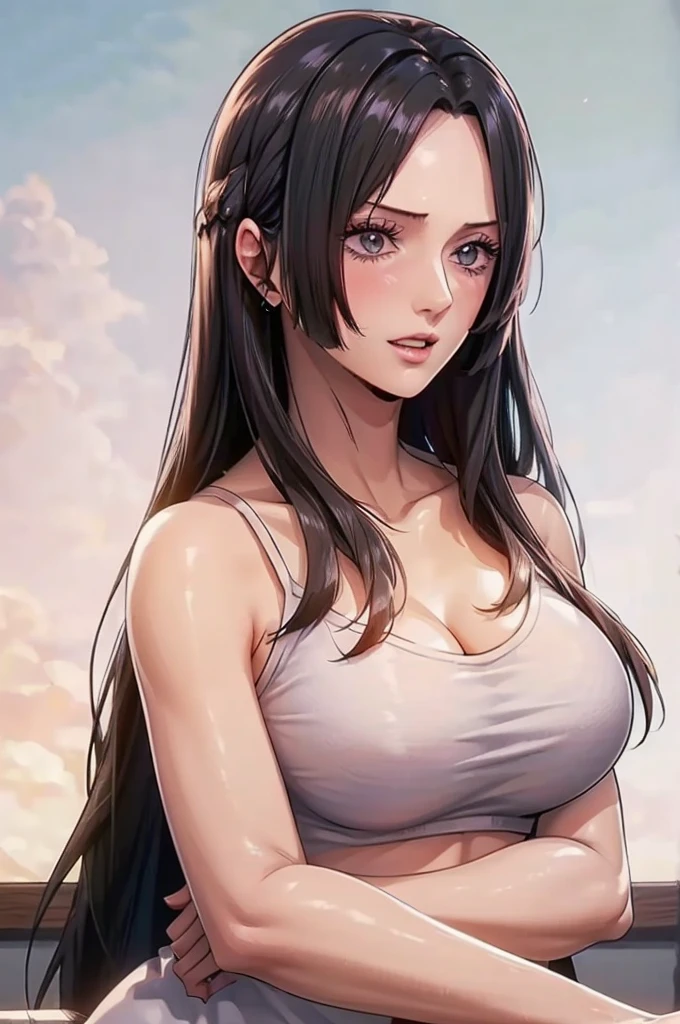 (((masterpiece))), (((best quality))), ((ultra-detailed)), (highly detailed CG illustration), Boa Hancock, (masterpiece:1.5), Detailed Photo, Sexy, (Best Quality: 1.4), (1girl), Beautiful Face, (Black Hair, long Hair: 1.3), Beautiful Hairstyle, beautiful detail eyes, (realistic skin), beautiful skin, absurd, attractive, ultra high resolution, high definition, (sexually aroused:1.5), Pinkish white skin, cool white light, sexy pose, Beautiful , white background, pink soft white light, Wear a white tank top, 