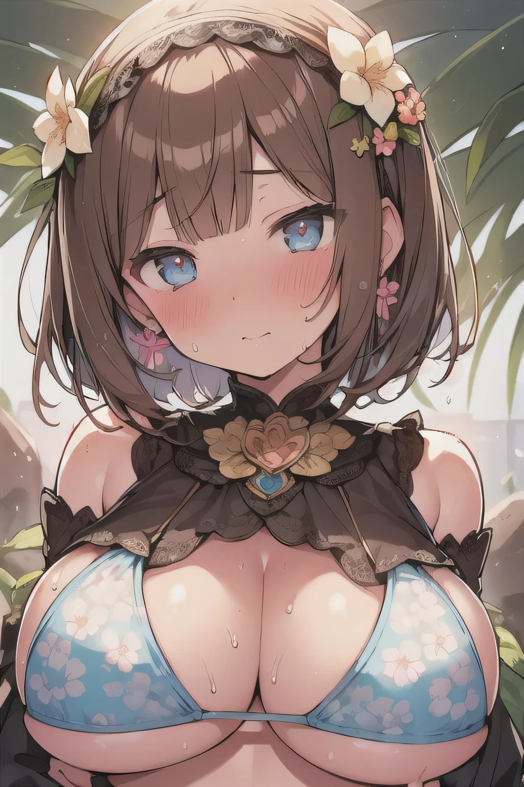 (best quality), (Super detailed), (Best Illustration), (1woman), look at viewer, (flower pattern bikini), (Big Breasts:1.2), {brown hair, (bob cut:1.2), curly hair, hairs between eyes}, {(detailed eyes), heart-shaped pupils, blue eyes}, blush, sweat, steam, earrings, flower hairband,