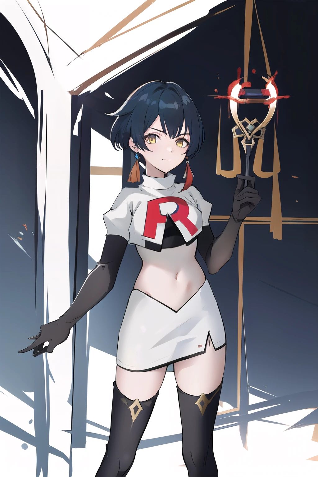 masterpiece, absurdres,genshin impact, Genshin Impact, game character, video game, (xingqiu),yellow eyes, short blue hair,male focus, trap, crossdressing,1boy,team rocket,team rocket uniform,white skirt,red letter R,crop top,black thigh-highs,black elbow gloves