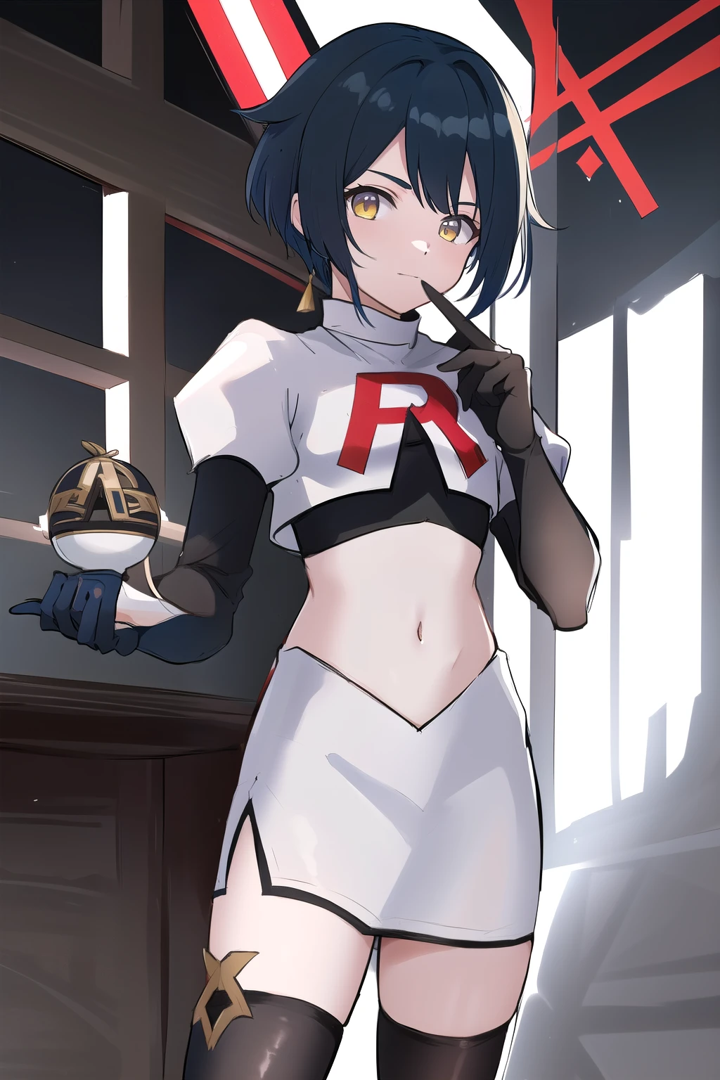 masterpiece, absurdres,genshin impact, Genshin Impact, game character, video game, (xingqiu),yellow eyes, short blue hair,male focus, trap, crossdressing,1boy,team rocket,team rocket uniform,white skirt,red letter R,crop top,black thigh-highs,black elbow gloves