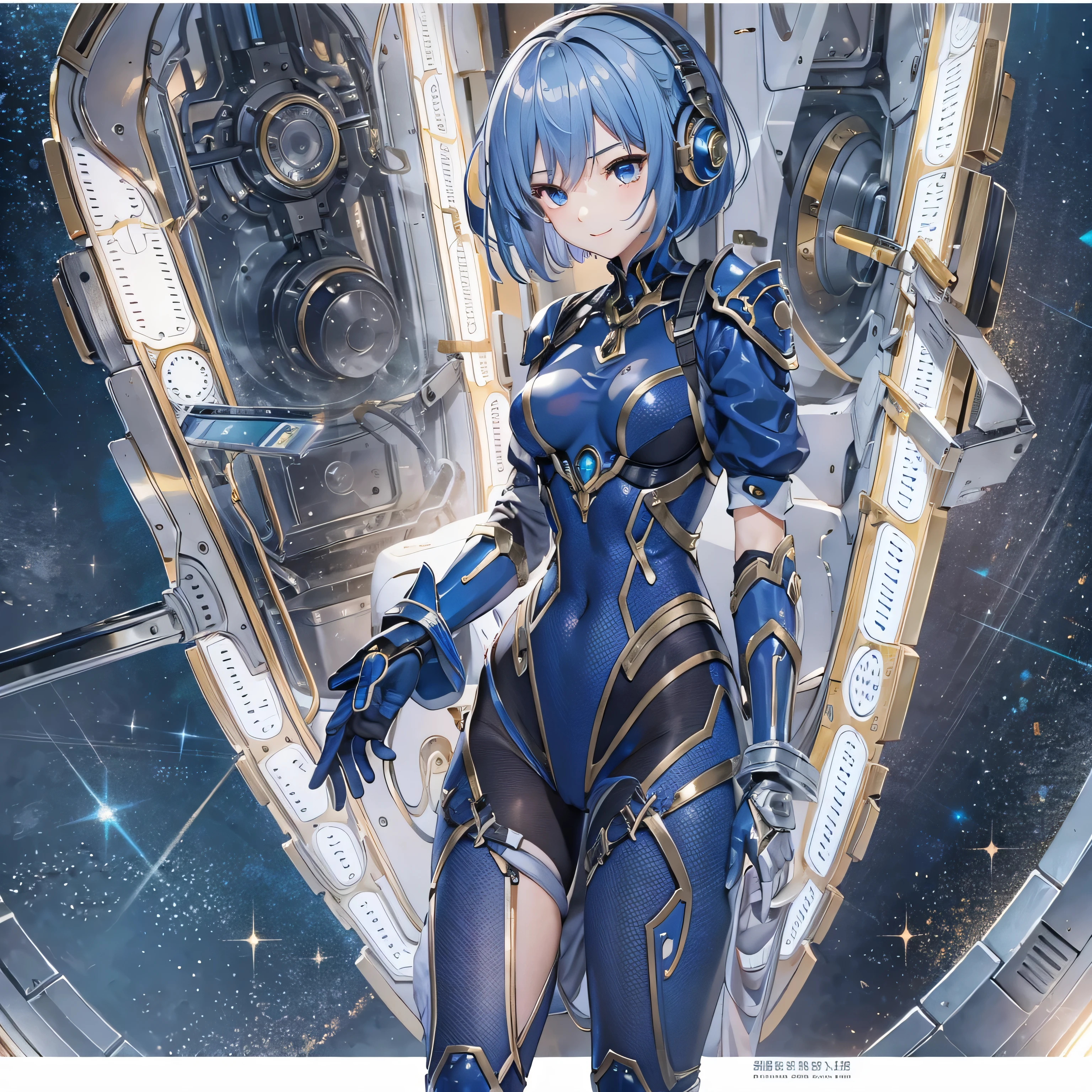 (masterpiece、highest quality、Highest Resolution、Clear_image、Detailed details、Angle from above): (Whole body、One 20 year old girl、Japanese Faces、Small Face、Slender、Navy blue super short bob cut hair、(Hidden small breasts:1.3)、Sparkling blue eyes、Shiny pilot suit in blue and black colors、Chest protection armor、Tight fitting clothes、Clothing that covers the whole body、Glamorous clothes、Tight Fit Pants、Hide your skin、Very delicate and beautiful、Detailed Skin、hide thighs、Hide your ass、Cute、A gentle smile、Soft expression、heroine、headset、Knee-high boots、Elbow-length gloves、Eye Level Shot、Face directly、Woman on a spaceship)