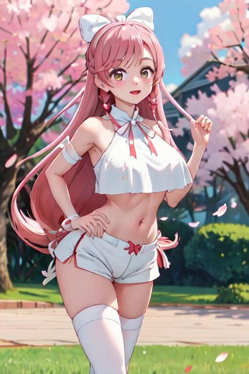 masterpiece, best quality, highres, hairband, long hair, 1girl, solo, white thighhighs,red ribbon, neck ribbon, White Bikini,hot pants, big breasts:1.4, standing, cowboy shot, leaning forward, outdoors, cherry blossoms,Belly button、No socks、Thighs
