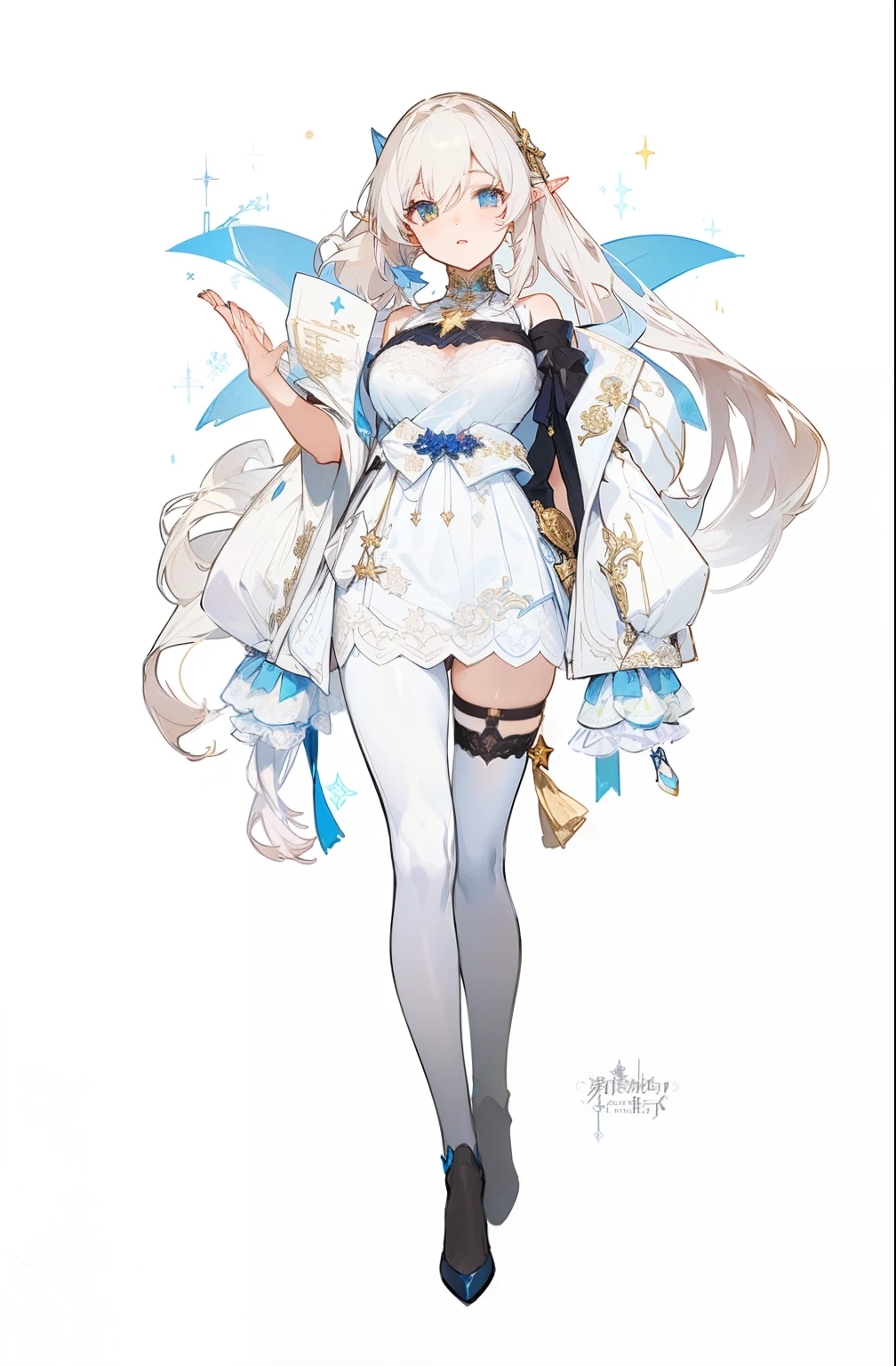 ((Masterpiece, Highest quality)), Detailed face, honkai star rail character, character sheets, full bodyesbian, elegant design, oversized coat, garter, white blouse with gold accents, Full of details, Highly detailed, Depth, Many parts, 1 character, anime character design of a woman with a long low ponytail tied in a ribbon, elf ears, clear outfit design, outfit design, [ character design ], character adoptable, official character illustration, full body adoptable, full body character design, ( ( character concept art ) ), ornate attire, pretty anime character design, great character design, pretty anime character design, ( ( character concept art ) )