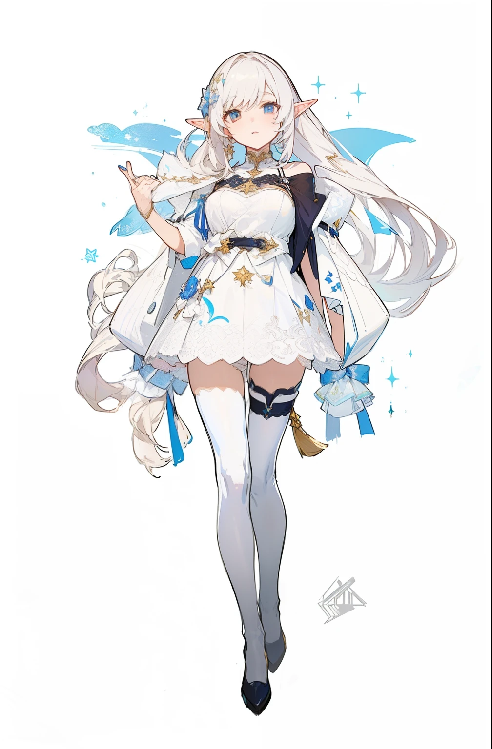 ((Masterpiece, Highest quality)), Detailed face, honkai star rail character, character sheets, full bodyesbian, elegant design, oversized coat, garter, white blouse with gold accents, Full of details, Highly detailed, Depth, Many parts, 1 character, anime character design of a woman with a long low ponytail tied in a ribbon, elf ears, clear outfit design, outfit design, [ character design ], character adoptable, official character illustration, full body adoptable, full body character design, ( ( character concept art ) ), ornate attire, pretty anime character design, great character design, pretty anime character design, ( ( character concept art ) )