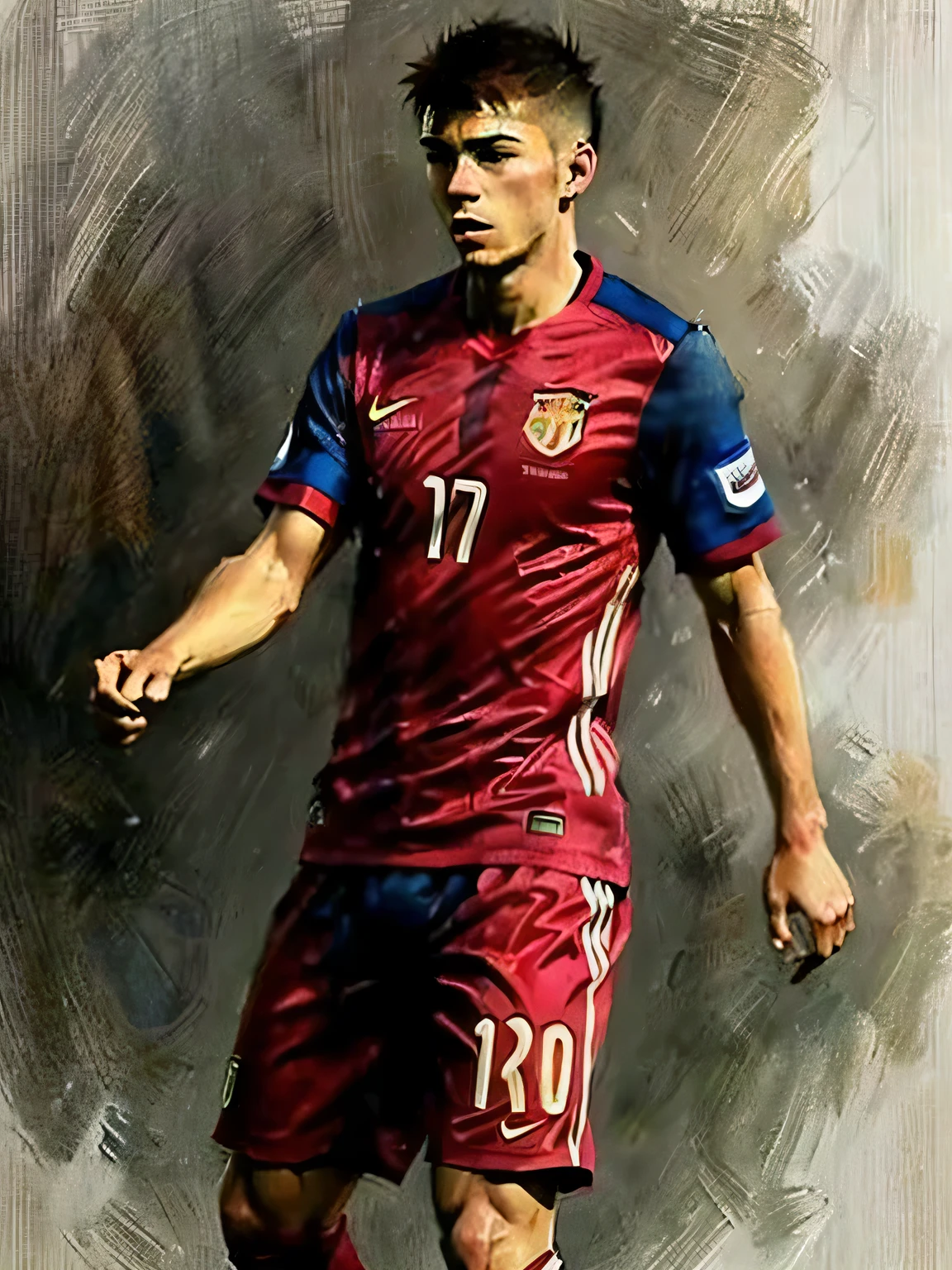 Homem Soccer Player face, style greg rutkowski realist, style anime, pique, 17 anos