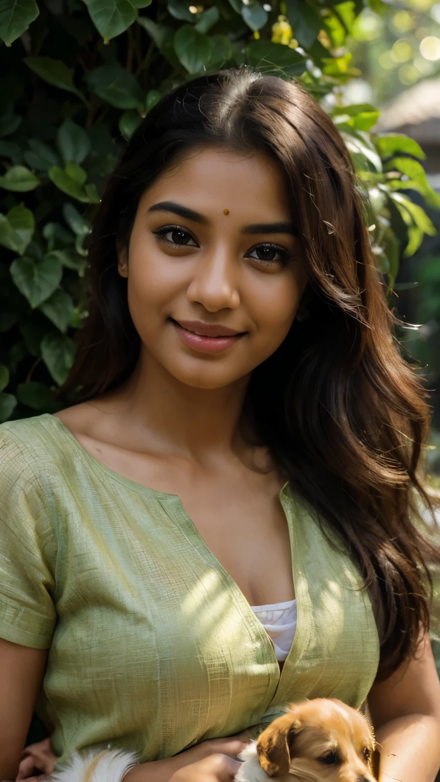 (best quality,highres,masterpiece:1.2),ultra-detailed,realistic,beautiful Indian girl,beautiful detailed eyes and lips,long eyelashes,cute smile,playful expression,holding a golden retriever puppy,green garden background,soft lighting,photorealistic rendering,vibrant colors,bokeh,detailed fur texture of the dog