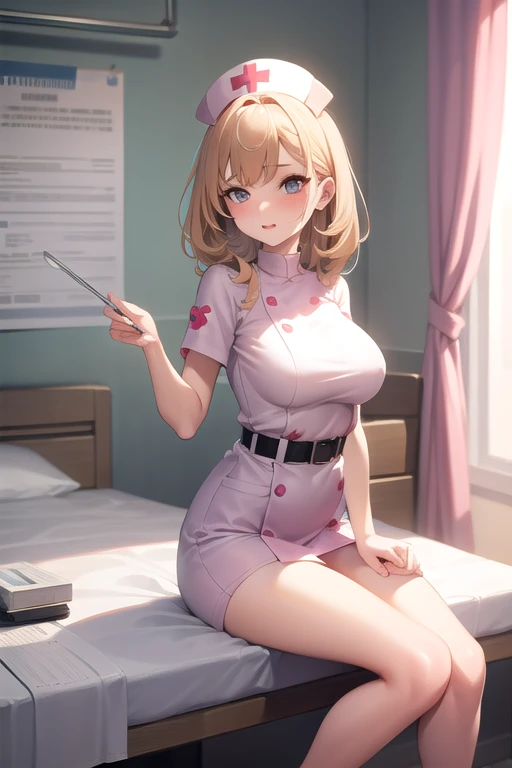 masterpiece, absurdres, best quality, ultra detailed, high Resolution, detailed illustration, bright colour, (extremely beautiful detailed face and eyes, Delicate beautiful face, 1 girl, cute face:1.3), (magenta eyes:1.1), sparkling eyes, big eyes, medium breasts, (perky breasts:1.1), (pointy breasts:1.1), medium hips, glamorous body, white skin, BREAK, long bob cut, (blonde hair:0.8), messy hair, detailed hair, shiny hair, BREAK (undressed, nurse:1.5), (hospital, SEX:1.3), perfect lighting, (embarrassed:1.5), (ecstasy, vulgarity:1.5), (trembling:0.8), BREAK, (peeing self, lots pee on legs, wet panties, wet crotch, wet skirt, yellow pee, intensional wetting, pee leak, pee stream:1.6)