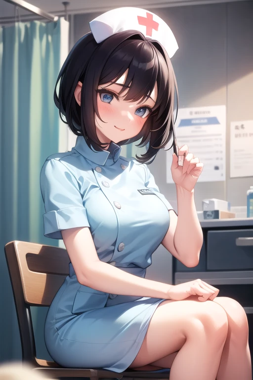 highest quality、Wearing a nurse uniform、On the bed、nipples protruding、Black Hair、Bob Hair