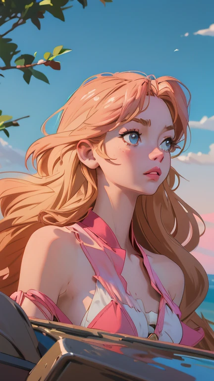 enchanting atmosphere of the scene. The anime style brings out the woman's captivating features with remarkable realism and lifelike detail. Her long, wavy blonde hair, catching the golden rays of the setting sun, adds to the scene's beauty. The woman's bright and expressive eyes are fixed on the horizon, reflecting the colors of the sky. Her lips, parted in awe, are painted with a subtle shade of pink. The anime style brings out the woman's posture and the serene expression on her face, adding to the tranquil atmosphere of the scene. The simplicity and elegance of her outfit, a flowing sundress, completes the picture of