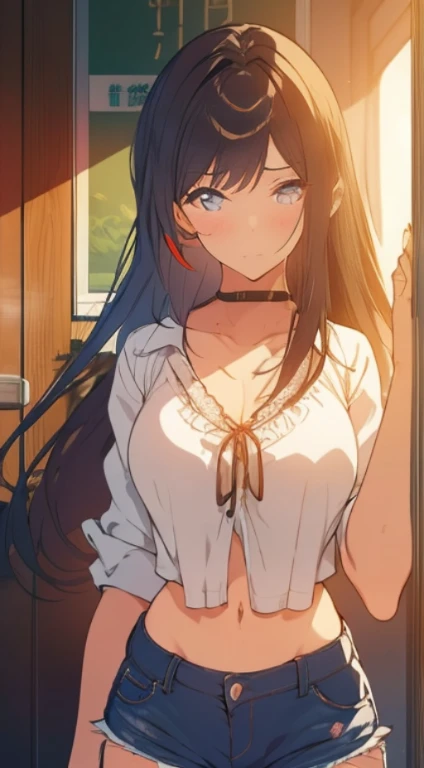 (mesa:1.2), realista, foto de 18 anos、Garota de camisa branca apertada(camisa desabotoada), metade  , melhor qualidade, (seios grandes:1.2), Ombros nus, decote, Nsfw Something?, [[Hands hidden behind the back]], brincos, Camisa completa, gargantilha preta, Sozinho, [sfw]、(Mini shorts jeans danificados、perna alta)、lindas pernas、beautiful abdomen、sente uma cadeira、Olhar de umbigo