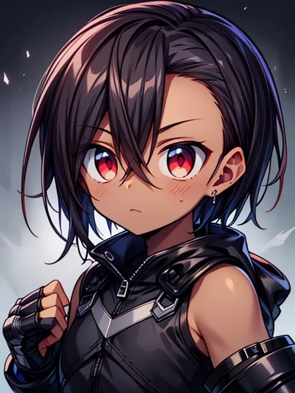 Masterpiece High res, high definition, (((dark skin tone))),dark skin male, dark skin, cute shota,red eyes, dark brown hair, medium dark brown hair,wearing a black exoskeleton, detached sleeves, black tech armoured Gauntlets, black tech jacket, black bodysuit,black exoskeleton, black fingerless gloves, blue gems, close up
