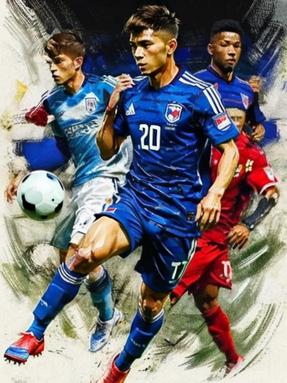 Homem Soccer Player face, style greg rutkowski realist, style anime, pique, , adidas uniform, team japan