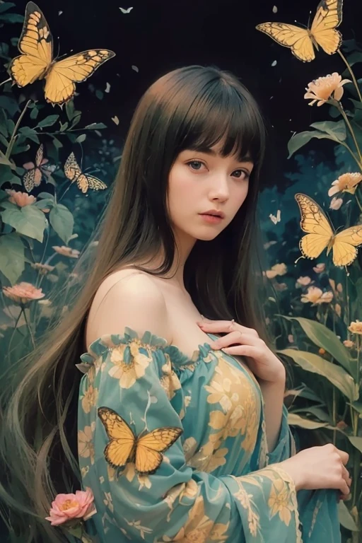 chiaroscuro technique on sensual illustration of an baby girl (((long hair with bangs:1.4、Beautiful bangs) , vintage ,silky dress, matte painting, by John Singer Sargent, by Harumi Hironaka, abstract background, (upper body:1.5), (highres:1.2,realistic:1.37),Girl in a magical garden, fairytale atmosphere, beautiful detailed eyes, long flowing hair, vibrant flowers, butterflies fluttering around, golden rays of sunlight, soft and dreamy color palette, whimsical lighting, enchanting scenery, fantasy ambiance, surreal elements, ethereal beauty.