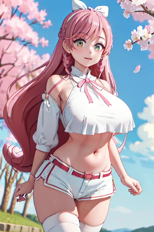 masterpiece, best quality, highres, hairband, long hair, 1girl, solo, white thighhighs,red ribbon, neck ribbon, White Bikini,hot pants, (big breasts:1.4), standing, cowboy shot, leaning forward, outdoors, cherry blossoms,Belly button、No socks、Thighs