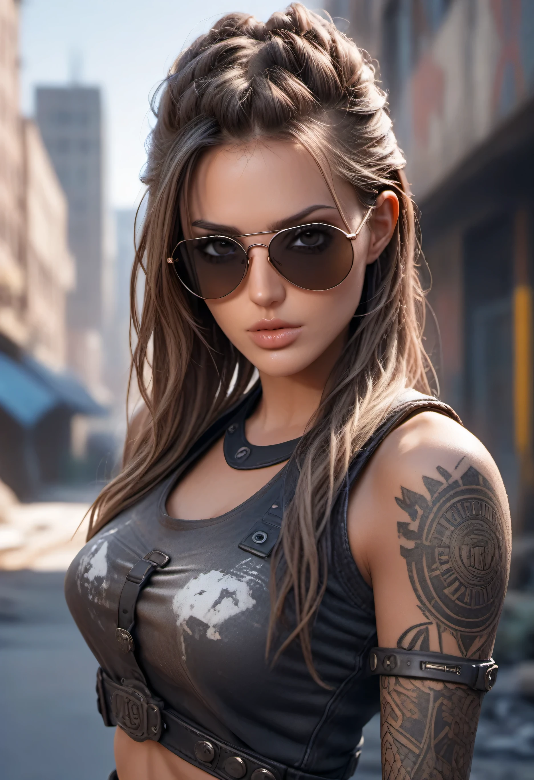 a hyper realistic ultra detailed photograph of a futuristic beautiful barbarian woman wearing sunglasses at a dystopian city, tattered outfit with rusty metal armor plates, long wild hair, tattooed hands and body, fashion pose, detailed symmetric beautiful hazel eyes, detailed gorgeous face, apocalyptic environment, exquisite detail, 30-megapixel, 4k, Canon EOS 5D Mark IV DSLR, 85mm lens, sharp focus, intricately detailed, long exposure time, f/8, ISO 100, shutter speed 1/125, diffuse back lighting, award winning photograph, facing camera, looking into camera, monovisions, perfect contrast, High sharpness, facial symmetry, depth of field, ultra-detailed photography, raytraced, global illumination, TanvirTamim, smooth, ultra high definition, 8k, unreal engine 5, ultra sharp focus, award-winning photograph, trending on artstation