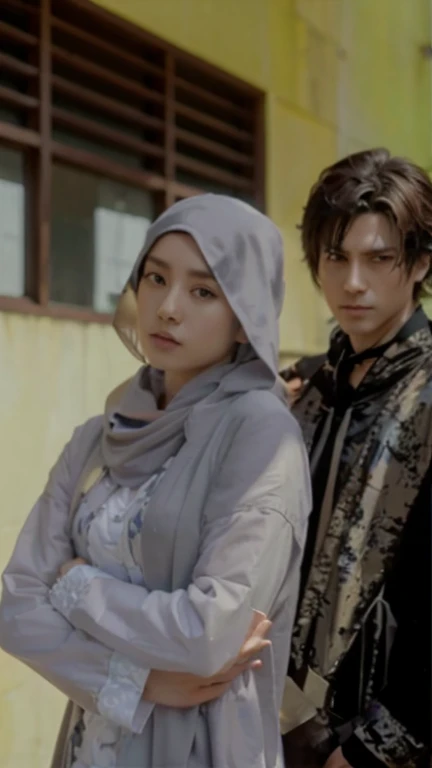 anime characters are standing in front of a building with a woman, handsome anime pose, wearing only a black robe, intense moment, yukimiya kenyu, private moment, dressed in a black robe, posing as a jojo character, wearing a black cloak, wearing black cloak, painted in anime painter studio, up close picture, really close - up shot, official fanart